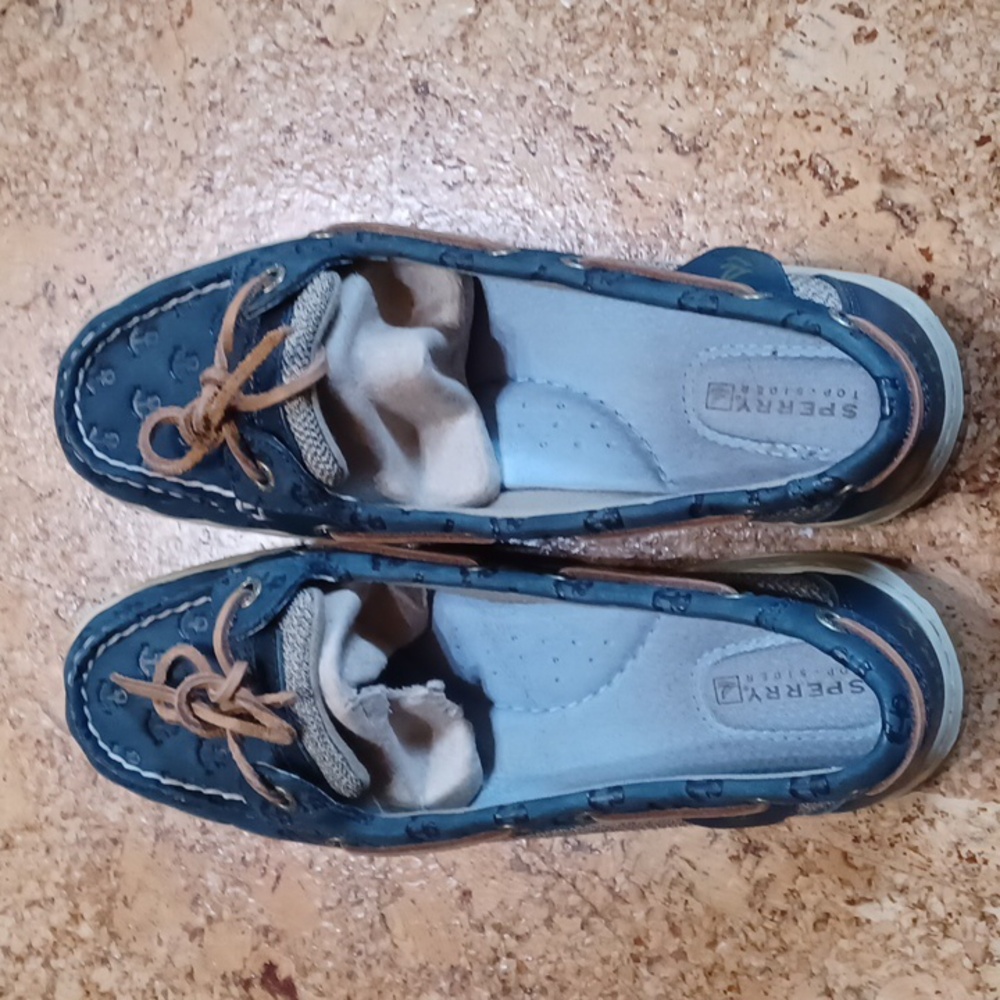 Sperry Women's Navy Angelfish Anchor Embossed Leather Topsiders Size 8